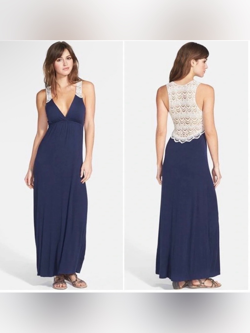 Felicity & Coco Navy Maxi Dress Crochet Lace Back Size S